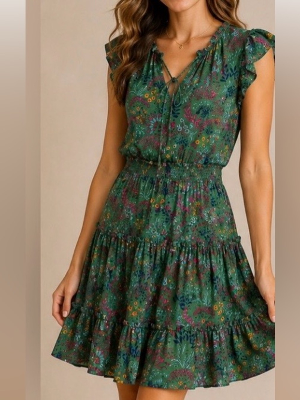 Robertson + Rodeo Green Floral Ruffle Mini Dress Size S Boho Cottagecore